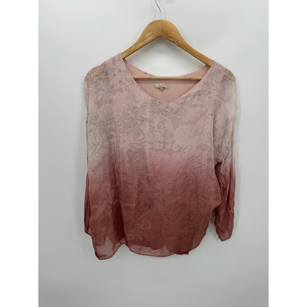 Gusy Top Women Sz S Pink Ombre Sheer with Tank Silk Shirt Made in Italy Roll Tab